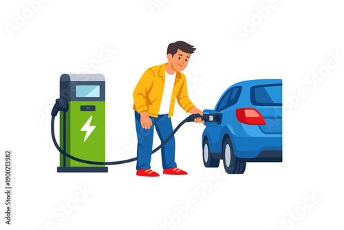 Man charges electric car at charging station during day in a city