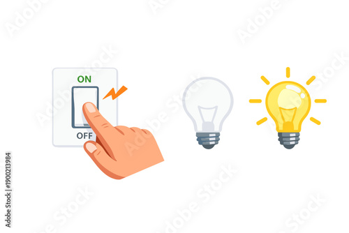 Hand turns on light switch to brighten room with light bulb nearby showing on and off states during day time