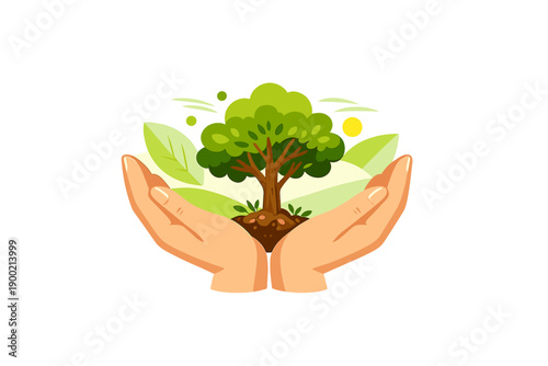 Hands hold a small tree with leaves and sun in the background, representing care for nature and environmental awareness in a simple and clear design
