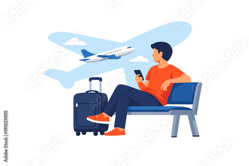 Passenger waits at airport for flight while looking at phone and holding luggage in a busy terminal