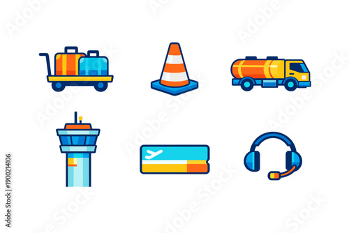 Transportation icons show various elements of an airport with luggage, traffic cone, fuel truck, control tower, boarding pass, and headset during a busy travel day