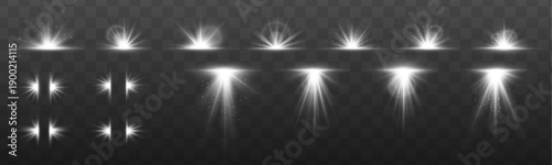 Floating spark particles with glowing white light rays. Lens flare, dust, and sparkle create luminous magical effect. Transparent perfect for vector or illustration.