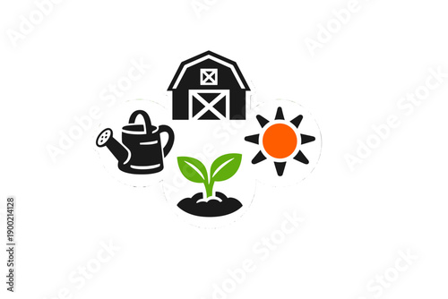 Farm symbols show watering can, plant, barn, and sun to represent elements of gardening and agriculture practice