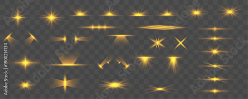 Golden star set glows with soft radiant light. Sparkling particles and bokeh float gently around. Bright beams extend outward in luminous patterns.