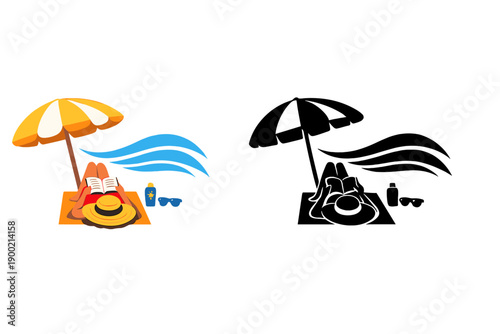 Relaxation at the beach with a book and sun hat under a large umbrella during a sunny day