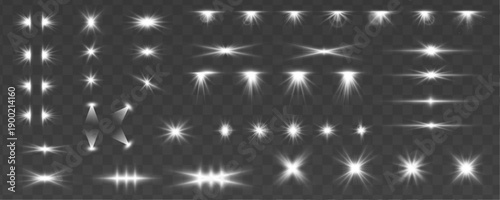 Radiant white lens flare with sparkling dust and bokeh. Light beams radiate outward in abstract glowing patterns. Perfect for digital design, posters, and overlays.