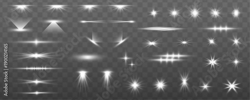 Set of white glowing light spotlights with radiant flare. Twinkling stars and glitter particles float gently. Ideal for festive, magical, or abstract backgrounds.