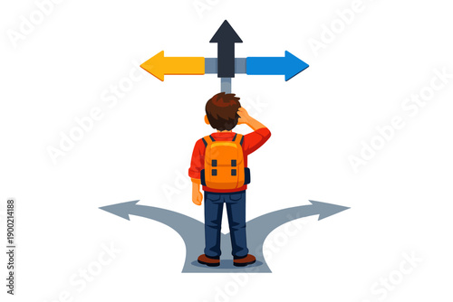 Young person stands at crossroad with arrows pointing in four directions, trying to decide which way to go in an unknown place with a backpack on back