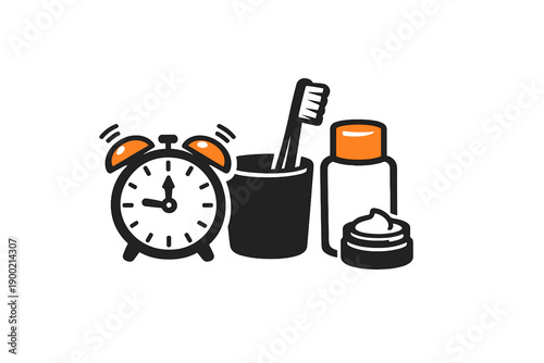 Morning routine with clock, toothbrush, and skincare products in bathroom setting showing daily personal care practices
