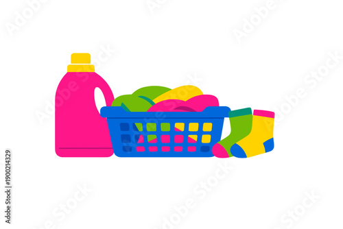 Basket with colorful laundry items and detergent on a plain background during laundry day at home in the afternoon