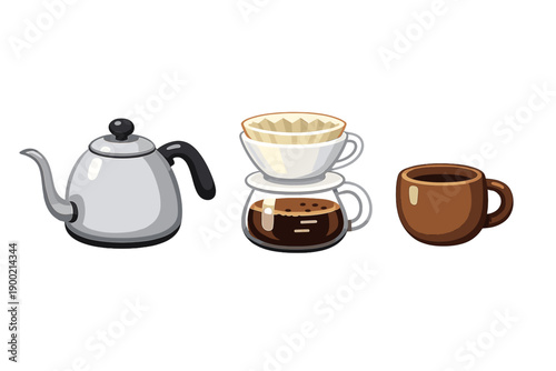 Coffee making tools on a table with a kettle, dripper, and a cup displayed in a simple arrangement during daytime