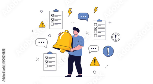 Man holding a large golden bell, surrounded by floating checklists and urgent notification alerts.