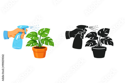 Plants receive care as water is sprayed onto leaves in a pot during a bright day at home in a simple gardening routine