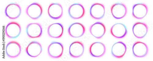 Set of neon glowing rings with multicolor gradient on white background. Luminous shapes create abstract futuristic feel. Ideal for banners, brochure covers, and digital art. PNG