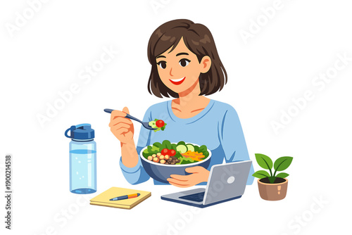 Woman eats salad while working at laptop, surrounded by a plant, notebook, and water bottle, during daytime in home office setting