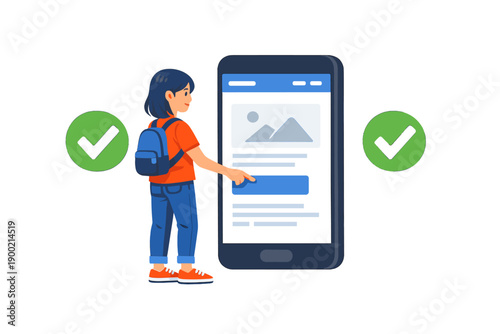 Person uses a smartphone to check and submit a task or assignment while standing outdoors with a backpack on