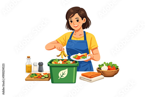 Person prepares a healthy meal with fresh vegetables and fruits while sorting food scraps for composting at home