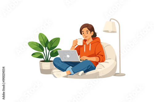 Person sits on a bean bag chair in a cozy space with a laptop and a cup while enjoying a drink during daytime