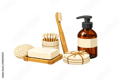 Natural bathroom items for daily hygiene care showing soap, toothbrush, cotton swabs, and lotion in a clean setup on a white background