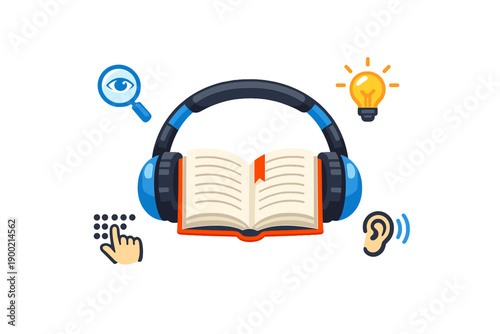 Learning tools include headphones and a book showing ways to understand and share information in a clear manner while engaging different senses for better retention and comprehension