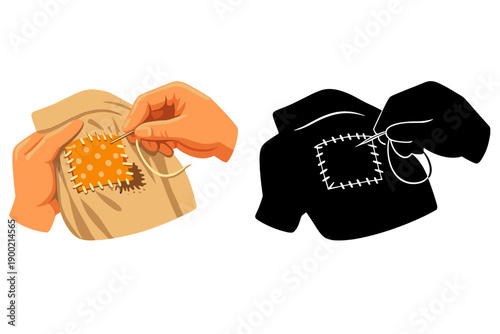 Repairing clothes by hand with a needle and thread, showing two hands stitching a patch on light and dark fabric sections at home in daytime