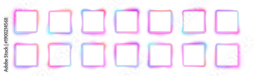 Set of glowing neon square frames with smooth gradient highlights. Each shape emits vibrant light on transparent background. Perfect for futuristic banners, UI, and digital designs. PNG