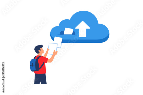 Person uploads files to a cloud storage service while standing with a backpack in a digital environment