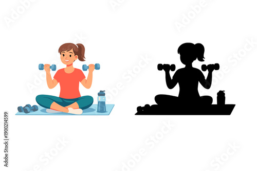 Woman doing strength training with dumbbells at home during the day while sitting on a mat with a water bottle nearby