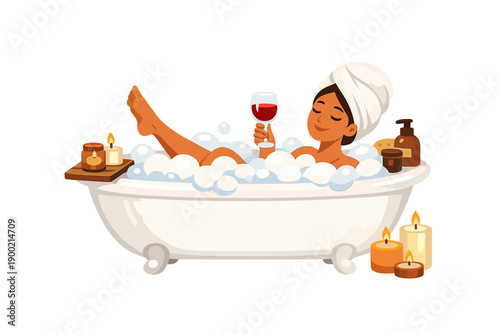 Woman relaxes in bathtub with bubbles and candles while enjoying a glass of red wine in a cozy setting