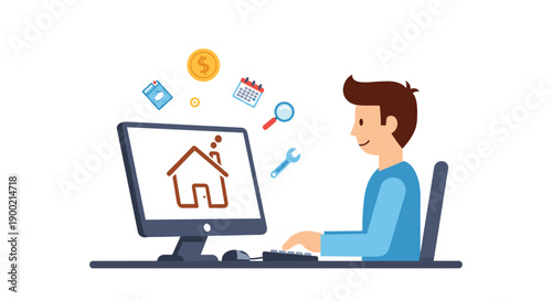 Man typing on a computer with a house icon on screen, surrounded by digital tools for home management.