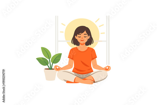 Meditation practice takes place inside a sunny room with a woman sitting cross-legged on the floor with her hands resting on her knees