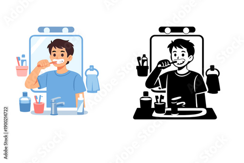 Man brushes teeth in bathroom with sink and mirror in the morning while holding toothbrush and standing in front of toiletries