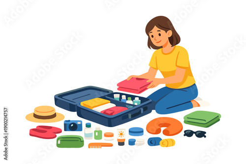 Packing items for a trip using a suitcase on the floor surrounded by various travel essentials in the home living space