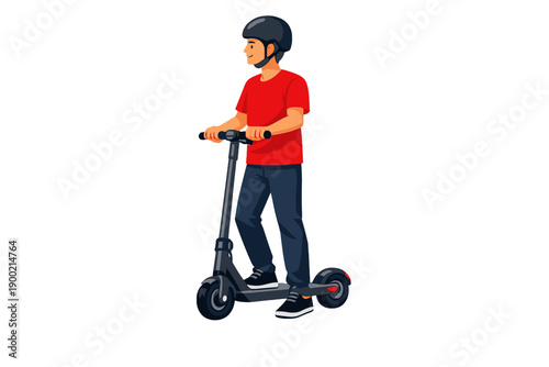Boy rides a scooter in urban area during daytime with a helmet on for safety and casual clothes for comfort