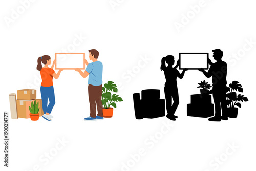 Couple holds a blank frame together in a room with boxes and plants during a home moving activity in summer
