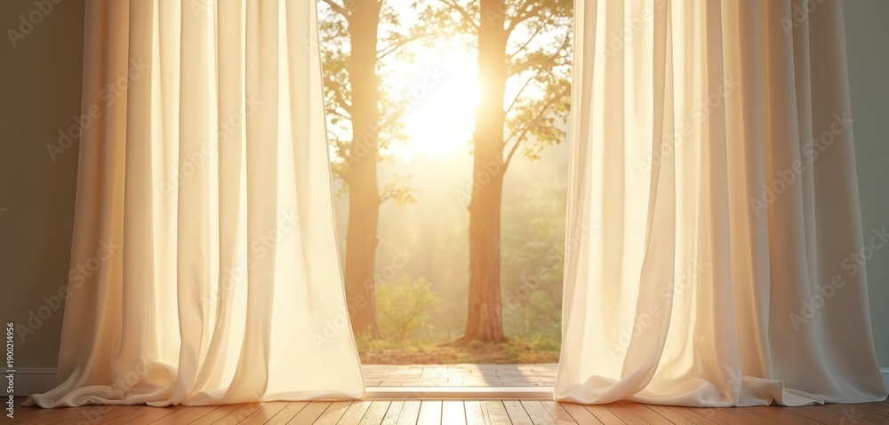 Fototapeta premium Soft cream curtains frame a sunlit forest scene. Sunlight streams through trees casting warm glow on floor. Gentle breeze moves fabric, creating peaceful ambiance. Nature view opens from room.