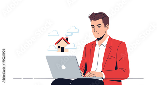Man typing on a laptop with a floating house and smoke cloud icon, symbolizing online home services.