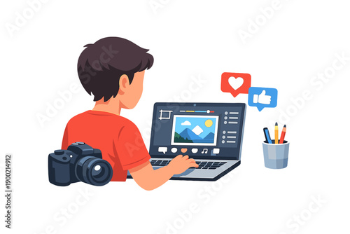 Person edits pictures on a laptop while using a camera and has a cup with pencils nearby in a simple workspace