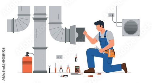 Focused technician in blue overalls kneeling, holding a wrench while repairing large ventilation ducts with tools