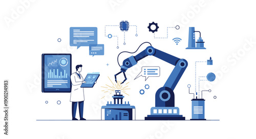 Scientist in lab coat monitoring a sophisticated robotic arm performing precision assembly with data analytics displays.