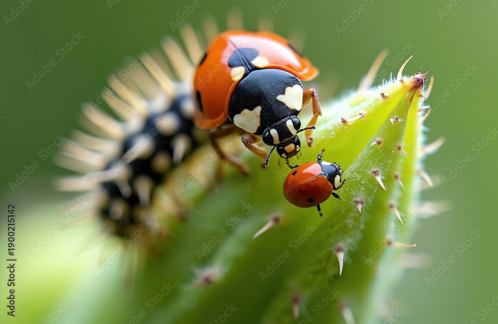 Obraz premium Macro view of adult ladybugs on green spiky plant. One ladybug near a spiky larva. Insects on plant stem in nature macro details. Tiny ladybugs exploring plant.