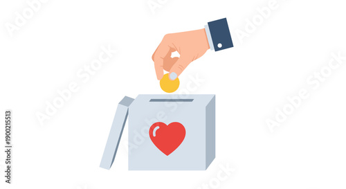 Human hand dropping a shining golden coin into a white donation box with a prominent red heart symbol.