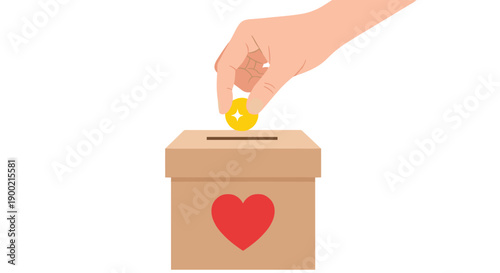 Human hand dropping a glittering golden coin into a brown cardboard charity box featuring a red heart.