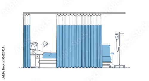 Empty hospital room with bed, bedside table, IV drip stand, and blue privacy curtains drawn around the patient area.