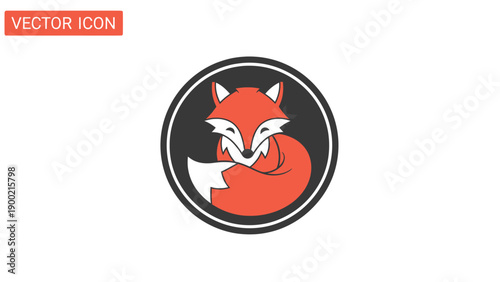 A stylized fox icon, curled up within a circle, in shades of red, white, and black on white