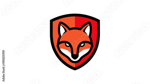 A stylized fox head inside a shield. The design uses orange, black, and white on a white background