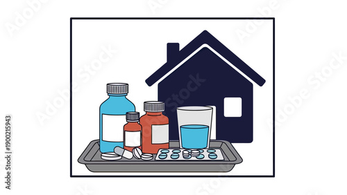 An illustration depicting medicine and a house. Featuring bottles, pills, glass of water, and a home