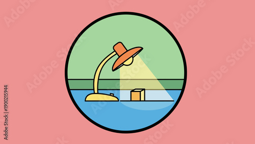 A stylized desk lamp illuminates a cube within a circular scene on a pink background