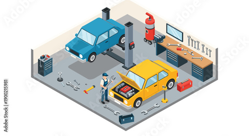 Busy isometric car repair garage showing mechanic working on yellow car and blue car on hydraulic lift.