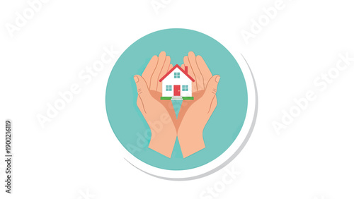 Cartoon illustration of hands cradling a house in a blue circle, on a white background